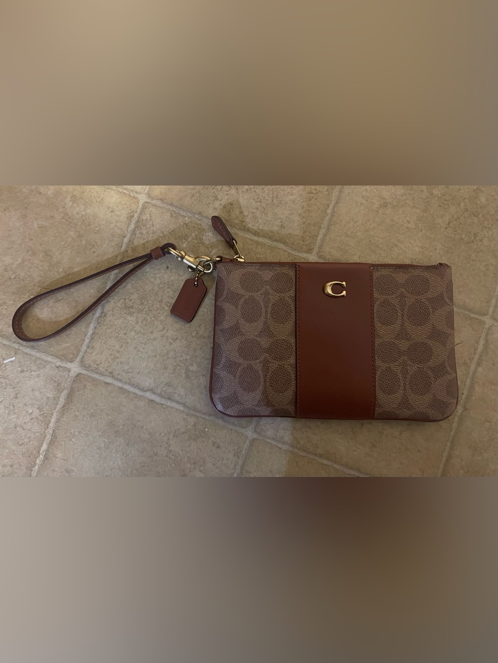 Coach Brown Signature and Leather Colorblock Wristlet